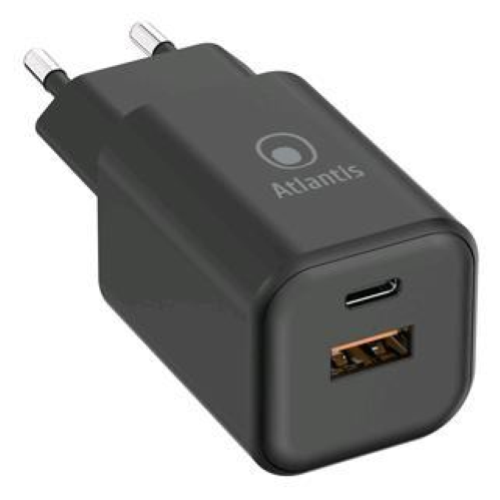 ATLANTIS P008-PD65GN-2U ALIMENTATORE UNIVERSALE GaN PPS PER NOTEBOOK 65 W USB-A + USB-C 1 PORTA PD 65W CAVO USB-C MASCHIO-MASCHIO 1.8 MT INCLUSO NERO